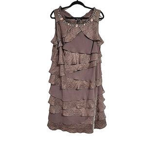 S.L Fashions Brown Tiered Dress with Jeweled Neckline 18 W